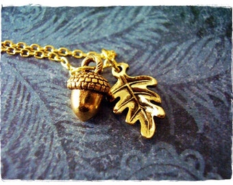 Gold Acorn and Oak Leaf Necklace - Antique Gold Pewter Oak Leaf and Acorn Charms on a Delicate Gold Plated Cable Chain or Charms Only