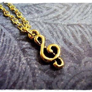 Tiny Gold Treble Clef Necklace - Antique Gold Pewter Treble Clef Charm on a Delicate Gold Plated Cable Chain or Charm Only