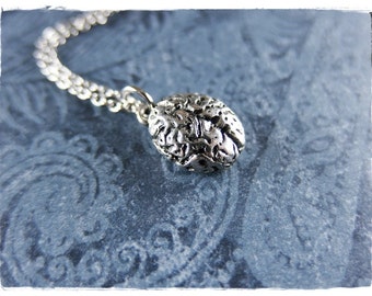 Silver Brain Necklace - Antique Pewter Brain Charm on a Delicate Silver Plated Cable Chain or Charm Only