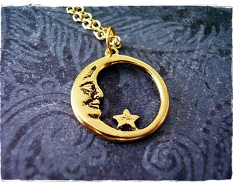 Gold Halbmond und Stern Halskette - Antiker Gold Zinn Halbmond und Stern Anhänger an einer zarten Vergoldeten Kabelkette oder Anhänger