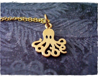 Gold Octopus Necklace - Bronze Octopus Charm on a Delicate 14kt Gold Filled Cable Chain or Charm Only