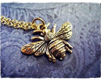 Gold Bumble Bee Necklace - Antique Gold Pewter Bumble Bee Charm on a Delicate Gold Plated Cable Chain or Charm Only