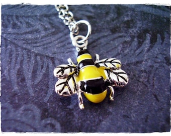 Black and Yellow Bumble Bee Necklace - Enameled Silver Bumble Bee Charm on a Delicate Silver Plated Cable Chain or Charm Only