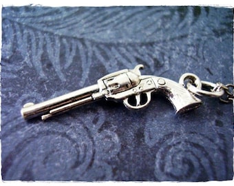 Silver Six Shooter Gun Necklace - Silver Pewter Six Shooter Gun Charm on a Delicate Silver Plated Cable Chain or Charm Only