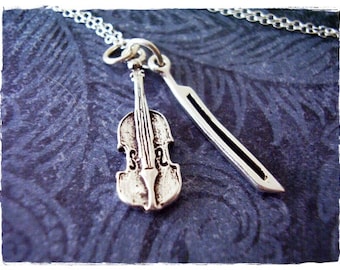 Silver Violin and Bow Necklace - Sterling Silver Violin and Bow Charm on a Delicate Sterling Silver Cable Chain or Charm Only