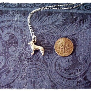 May include: A silver necklace with a small, detailed silver dog charm. The charm is about the size of a dime.