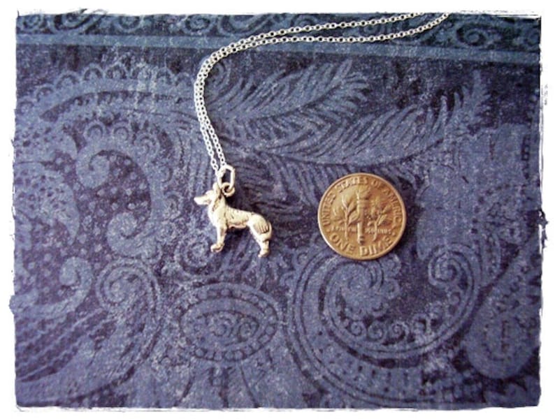 May include: A silver necklace with a small, detailed silver dog charm. The charm is about the size of a dime.
