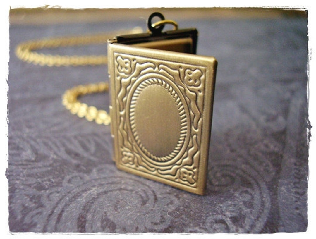 Gold Book Locket Necklace Antique Brass Book Locket on a Delicate Gold