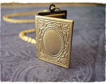 Gold Book Locket Necklace - Antique Brass Book Locket on a Delicate Gold Plated Cable Chain or Locket Only