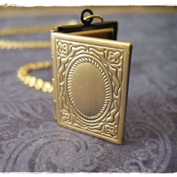 Gold Book Locket Necklace - Antique Brass Book Locket on a Delicate Gold Plated Cable Chain or Locket Only