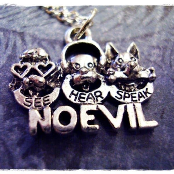 Silver No Evil Dogs Necklace - Silver Pewter No Evil Dogs Charm on a Delicate Silver Plated Cable Chain or Charm Only