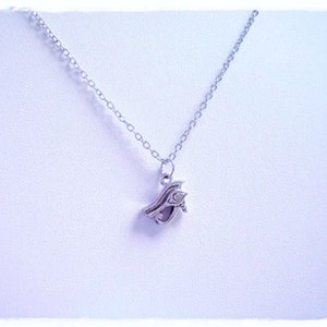 May include: A silver chain necklace with a silver pendant shaped like an eye with a small clear stone in the center.