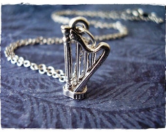 Silver Harp Necklace - Silver Pewter Harp Charm on a Delicate Silver Plated Cable Chain or Charm Only