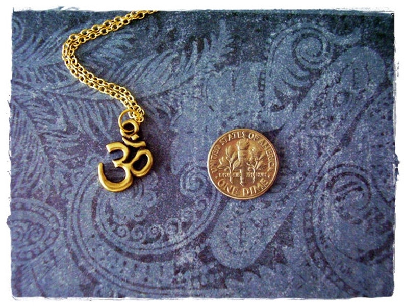 Gold Om Symbol Necklace Antique Brass Pewter Om Charm on an Gold Plated Cable Chain or Charm Only image 2