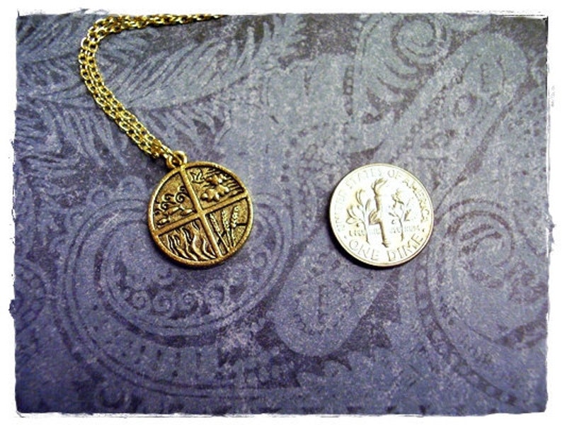 Gold Four Elements Necklace Antique Gold Pewter Four Elements Charm on a Delicate Gold Plated Cable Chain or Charm Only image 3