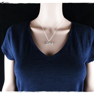 May include: A silver necklace with a small, detailed pendant is displayed. The pendant is centered on a silver chain and hangs against a dark blue v-neck shirt. The background is black.