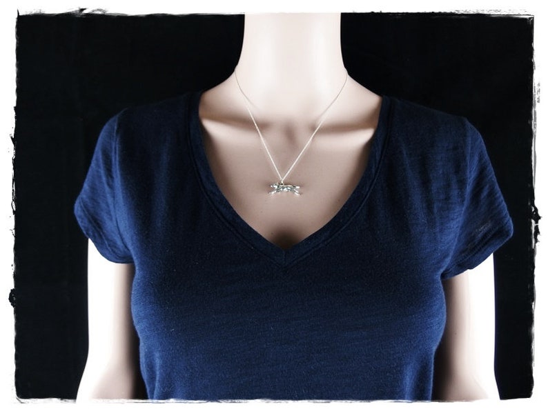 May include: A silver necklace with a small, detailed pendant is displayed. The pendant is centered on a silver chain and hangs against a dark blue v-neck shirt. The background is black.