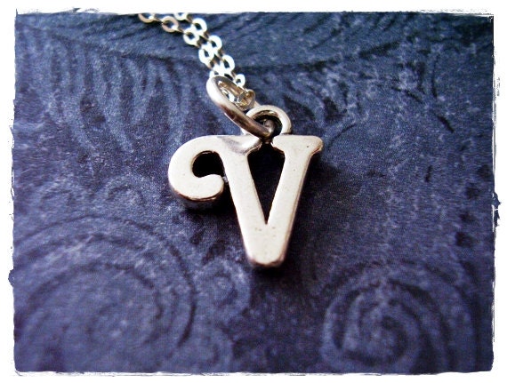 Silver Cursive V Initial Necklace Sterling Silver Cursive 