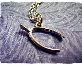 Silver Wishbone Necklace - Antique Pewter Wishbone Charm on a Delicate Stainless Steel Cable Chain or Charm Only