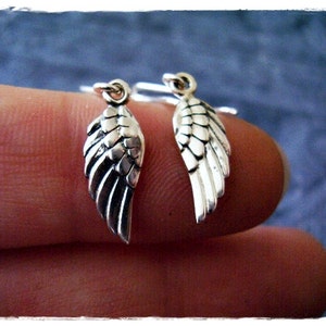 May include: A pair of silver dangle earrings featuring a detailed wing design. The wings are textured and have a slightly curved shape.