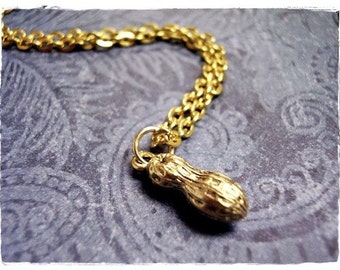 Gold Peanut Necklace - Antique Gold Pewter Peanut Charm on a Delicate Gold Plated Cable Chain or Charm Only