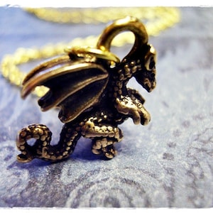 Gold Dragon Necklace - Antique Gold Pewter Dragon Charm on a Delicate Gold Plated Cable Chain or Charm Only