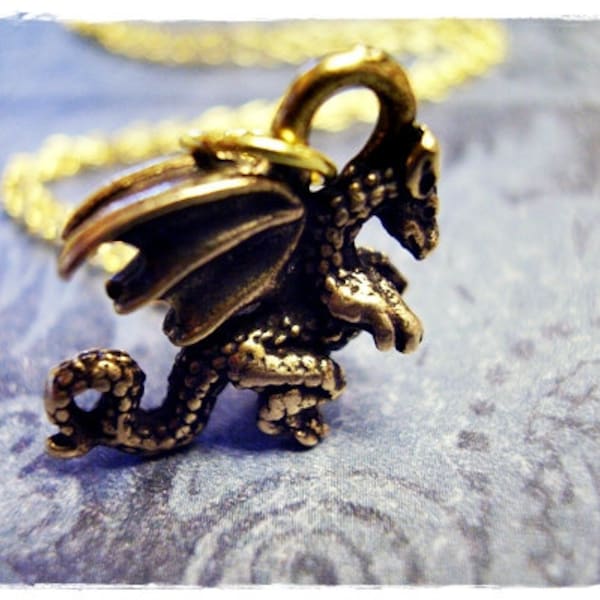 Gold Dragon Necklace - Antique Gold Pewter Dragon Charm on a Delicate Gold Plated Cable Chain or Charm Only