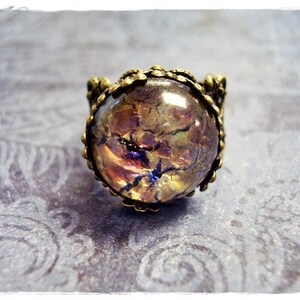 Round Amethyst Opal Glass Ring Round Amethyst Opal Glass Cabochon on an Ornate Antique Brass Filigree Band image 3