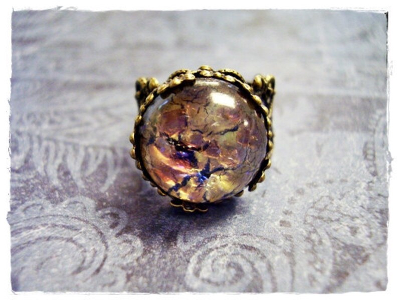 Round Amethyst Opal Glass Ring Round Amethyst Opal Glass Cabochon on an Ornate Antique Brass Filigree Band image 3