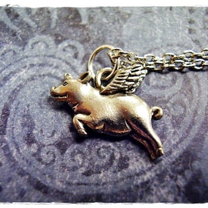 Silver Flying Pig Necklace - Antique Pewter Flying Pig Charm on a Delicate Stainless Steel Cable Chain or Charm Only