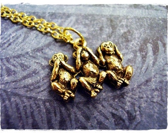 Gold No Evil Monkeys Necklace - Antique Gold Pewter No Evil Monkeys Charm on a Delicate Gold Plated Cable Chain or Charm Only