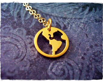 Gold World Map Necklace - Matte 24kt Gold Plate World Map Charm on a Delicate 14kt Gold Filled Cable Chain or Charm Only