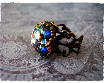 Round Black Opal Glass Ring - Black Opal Glass Cabochon on an Ornate Antique Brass Filigree Band