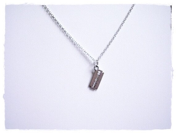 Silver Razor Blade Necklace Antique Pewter Razor Blade Charm 