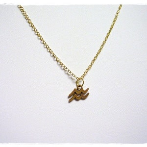 May include: A gold chain necklace with a small gold pendant in the shape of the astrological symbol for Aquarius.