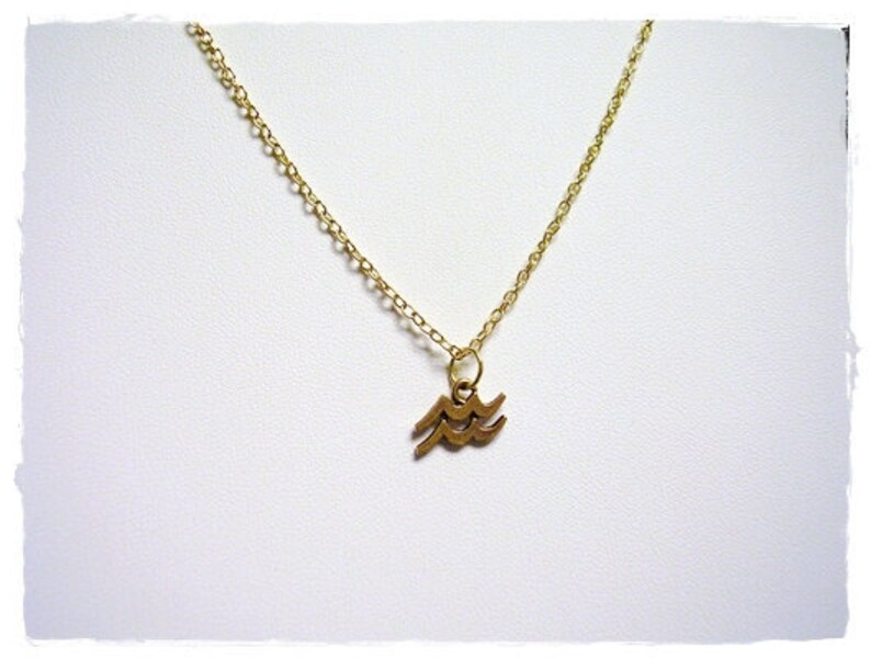 May include: A gold chain necklace with a small gold pendant in the shape of the astrological symbol for Aquarius.