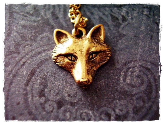 Gold Fox Face Necklace Antique Gold Pewter Fox Face Charm on a