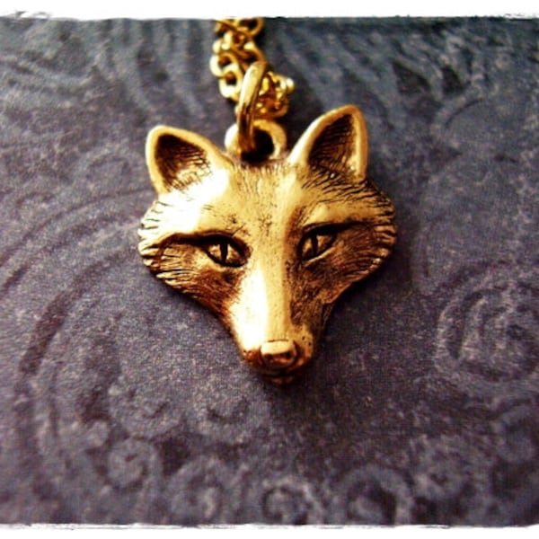 Gold Fox Face Necklace - Antique Gold Pewter Fox Face Charm on a Delicate Gold Plated Cable Chain or Charm Only