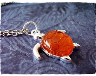 Orange Turtle Necklace - Silver Turtle with an Orange Resin Shell Charm on a Delicate Silver Plated Cable Chain or Charm Only