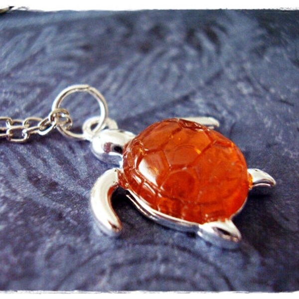 Orange Turtle Necklace - Silver Turtle with an Orange Resin Shell Charm on a Delicate Silver Plated Cable Chain or Charm Only