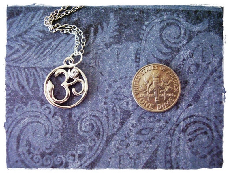 Silver Crystal Om Necklace Silver Pewter Crystal Om Charm on a Delicate Silver Plated Cable Chain or Charm Only image 2