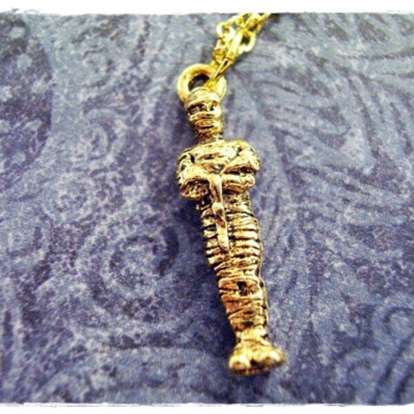Gold Mummy Necklace - Antique Gold Pewter Mummy Charm on a Delicate Gold Plated Cable Chain or Charm Only