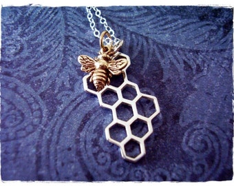 Honeybee and Honeycomb Necklace - Sterling Silver Honeycomb and Bronze Honeybee Charms on a Sterling Silver Cable Chain or Charms Only