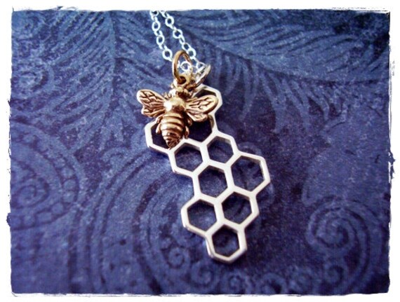 Honeybee and Honeycomb Necklace - Sterling Silver Honeycomb and Bronze Honeybee Charms on a Sterling Silver Cable Chain or Charms Only