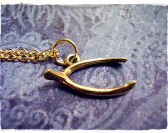 Gold Wishbone Necklace - Antique Gold Pewter Wishbone Charm on a Delicate Gold Plated Cable Chain or Charm Only
