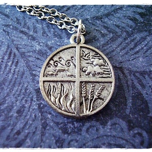Silver Four Elements Necklace - Antique Pewter Four Elements Charm on a Delicate Stainless Steel Cable Chain or Charm Only