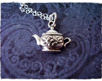 Tiny Flower Teapot Necklace - Sterling Silver Flower Teapot Charm on a Delicate Sterling Silver Cable Chain or Charm Only