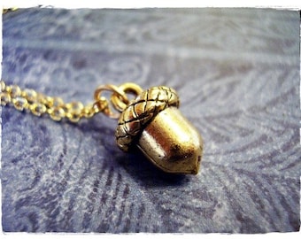 Small Gold Acorn Necklace - Antique Gold Pewter Acorn Charm on a Delicate Gold Plated Cable Chain or Charm Only