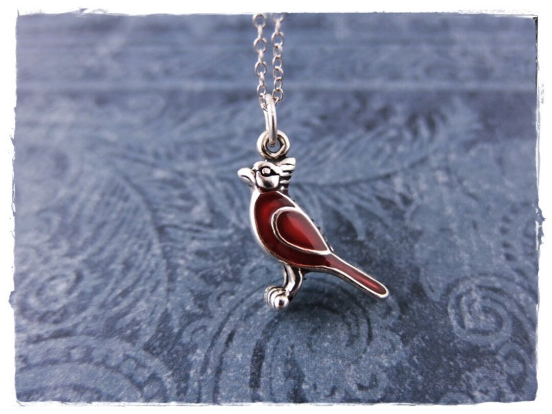 Red Cardinal Necklace - Sterling Silver Enameled Red Cardinal Charm on a Delicate Sterling ...