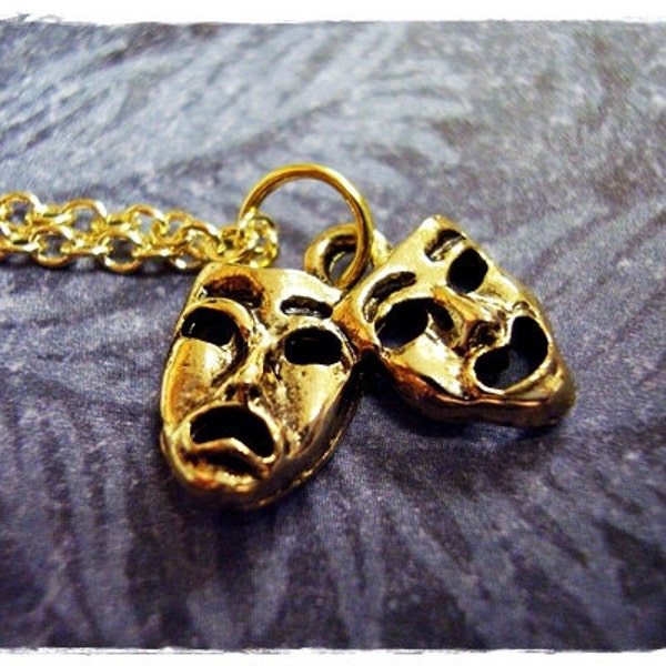 Gold Theatre Masks Necklace - Antique Gold Pewter Theatre Masks Charm on an Gold Plated Cable Chain or Charm Only